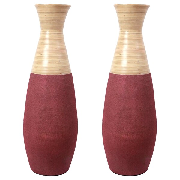 Uniquewise Set of 2 31.5 inch Tall Handcrafted Bamboo Floor Vase, Burgundy and Natural Finish - QI003353R.L.2