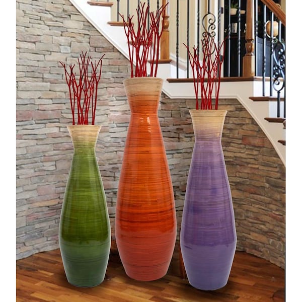 Uniquewise 31.5" Classic Bamboo Floor Vase Handmade, For Dining, Living, Entryway, Glossy Orange - QI003242.L.OR