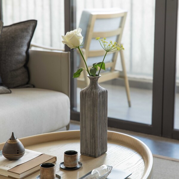 Uniquewise Contemporary Decorative Square Table Flower Vase with Gray Striped Design, 11.5 Inch - QI004176.L