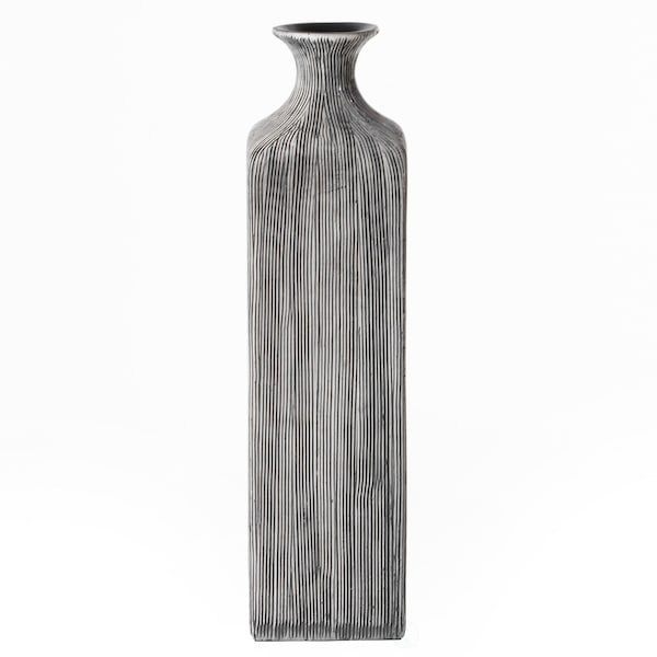 Uniquewise Contemporary Decorative Square Table Flower Vase with Gray Striped Design, 11.5 Inch - QI004176.L