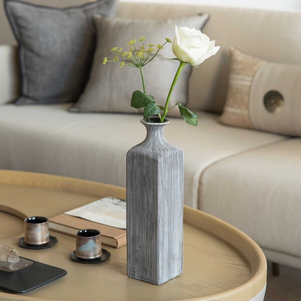 Uniquewise Contemporary Decorative Square Table Flower Vase with Gray Striped Design, 11.5 Inch - QI004176.L