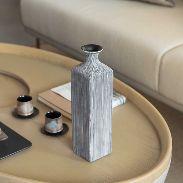Uniquewise Contemporary Decorative Square Table Flower Vase with Gray Striped Design, 11.5 Inch - QI004176.L