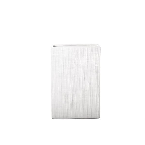 H2H Ceramic Rectangle Vase with Engraved Brushed Lattice Design Body; Matte White - Small - H23244989