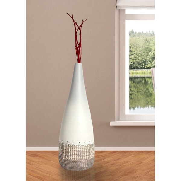 Uniquewise 27.5" Spun Bamboo and Coiled Seagrass Patterned Vase, White, Medium - QI003357W.M