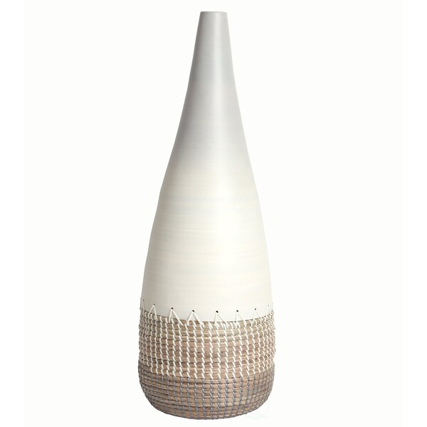 Uniquewise 27.5" Spun Bamboo and Coiled Seagrass Patterned Vase, White, Medium - QI003357W.M