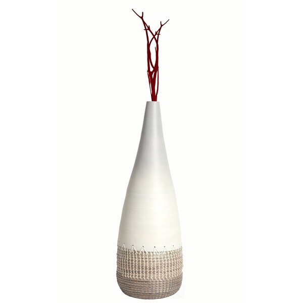 Uniquewise 27.5" Spun Bamboo and Coiled Seagrass Patterned Vase, White, Medium - QI003357W.M