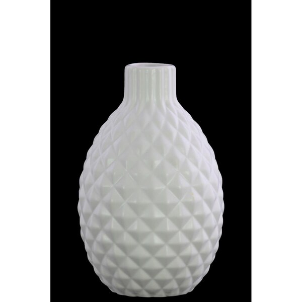 H2H Stoneware Bellied Round Vase with Wave Design Lips, Matte & White - H23247994