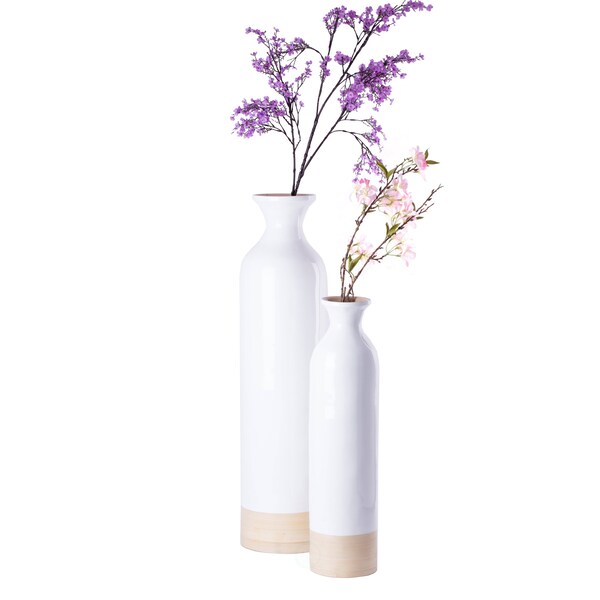 Uniquewise Cylinder Shaped Tall Spun Bamboo Floor Vase Glossy White Lacquer and Natural Bamboo Finish, PK 2 - QI003455WN.2