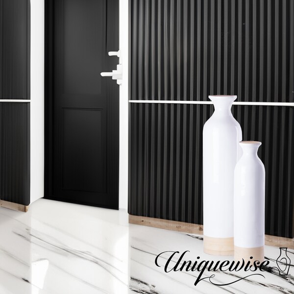 Uniquewise Cylinder Shaped Tall Spun Bamboo Floor Vase Glossy White Lacquer and Natural Bamboo Finish, PK 2 - QI003455WN.2