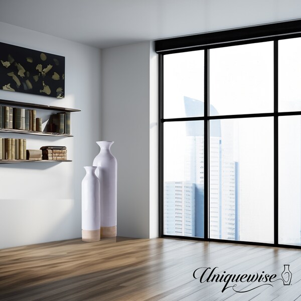 Uniquewise Cylinder Shaped Tall Spun Bamboo Floor Vase Glossy White Lacquer and Natural Bamboo Finish, PK 2 - QI003455WN.2