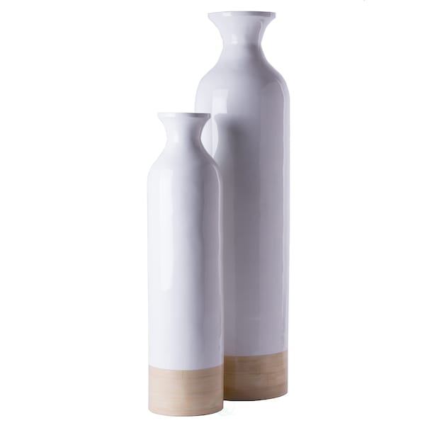 Uniquewise Cylinder Shaped Tall Spun Bamboo Floor Vase Glossy White Lacquer and Natural Bamboo Finish, PK 2 - QI003455WN.2