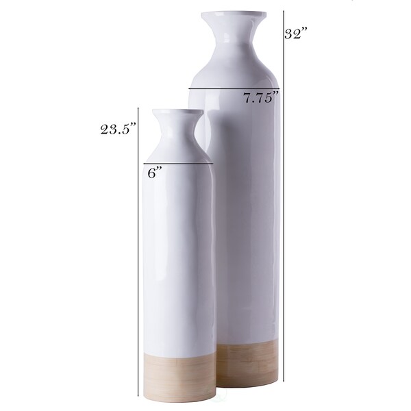 Uniquewise Cylinder Shaped Tall Spun Bamboo Floor Vase Glossy White Lacquer and Natural Bamboo Finish, PK 2 - QI003455WN.2
