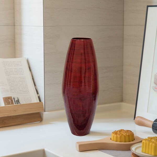 Uniquewise Bamboo Cylinder Floor Vase-Handcrafted Tall Decorative Vase-Ideal for Dining Room, Living Room, 16.5", Red - QI003245.R.S