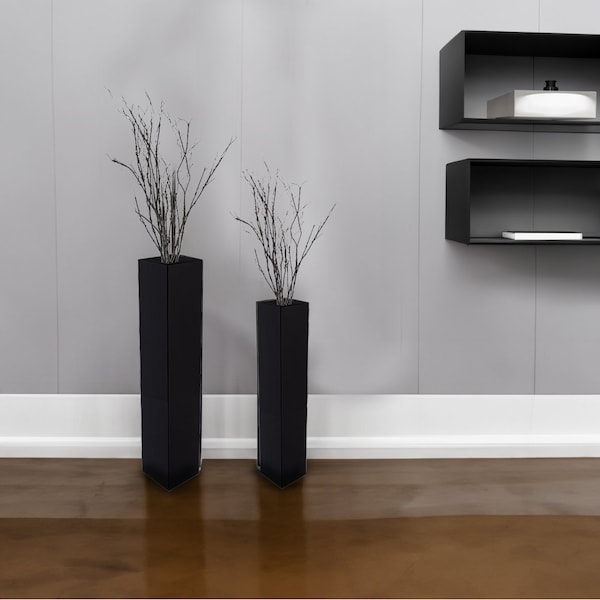 Uniquewise Tall Rectangular Wooden Modern Floor Vase, Black, PK 2 - QI004183.2