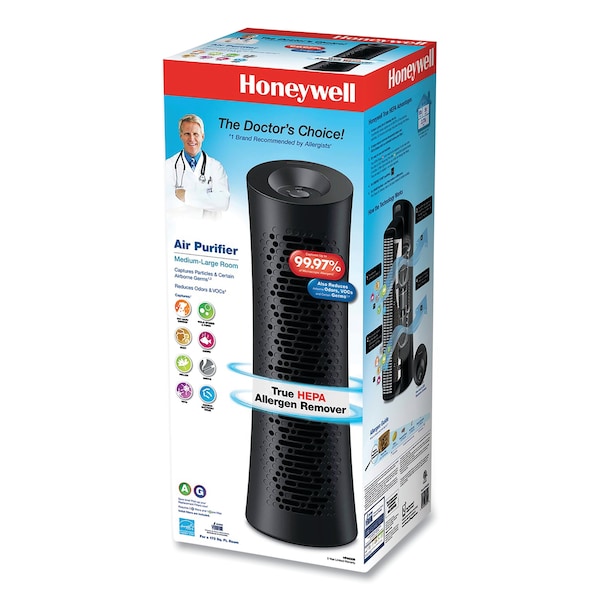 Honeywell True HEPA Three Level Clean Air Filter Tower Allergen Remover, 170 sq ft Room Capacity, Black - HPA030