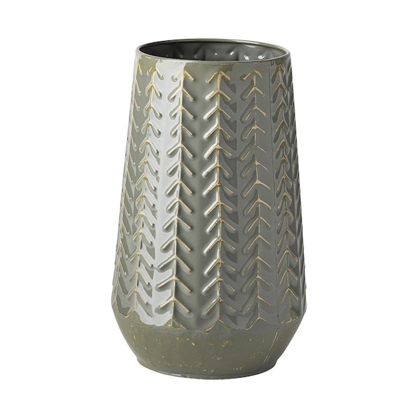 Homeroots 11 in. Green & Gray Organically Chevron Embossed Metal Vase - 397570