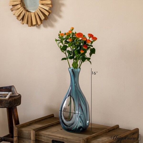 Uniquewise 16-Inch Multitone Glass Table Vase in Blue Hue - Minimalist, Decorative Boho Vase with Rustic - QI004736