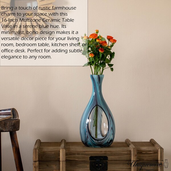 Uniquewise 16-Inch Multitone Glass Table Vase in Blue Hue - Minimalist, Decorative Boho Vase with Rustic - QI004736