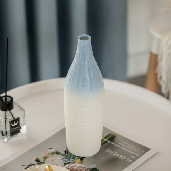 Uniquewise 9.5 Inch Modern Decorative Ceramic Table Vase Ripped Design Bottle Shape Flower Holder, White - QI004356.WT