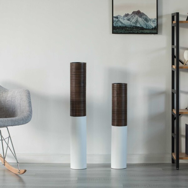 Uniquewise Modern Tall Decorative White and Brown Ribbed Cylinder Floor Vase, PK 2 - QI004190.2