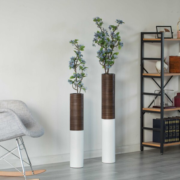 Uniquewise Modern Tall Decorative White and Brown Ribbed Cylinder Floor Vase, PK 2 - QI004190.2