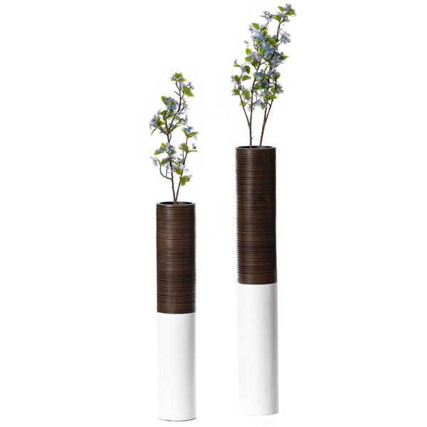 Uniquewise Modern Tall Decorative White and Brown Ribbed Cylinder Floor Vase, PK 2 - QI004190.2