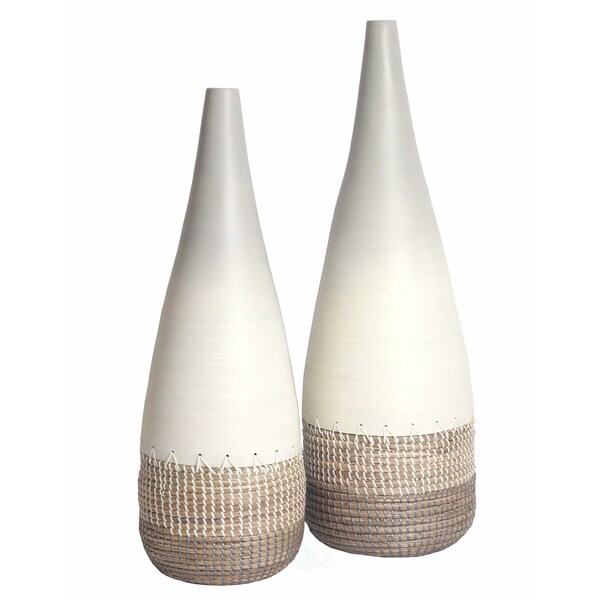 Uniquewise Spun Bamboo and Coiled Seagrass Patterned Vase, White, PK 2 - QI003357W.2