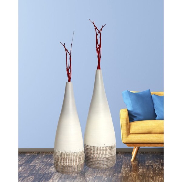 Uniquewise Spun Bamboo and Coiled Seagrass Patterned Vase, White, PK 2 - QI003357W.2