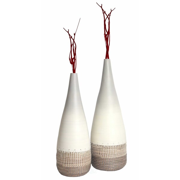 Uniquewise Spun Bamboo and Coiled Seagrass Patterned Vase, White, PK 2 - QI003357W.2