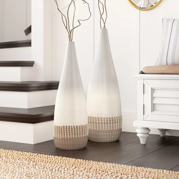 Uniquewise Spun Bamboo and Coiled Seagrass Patterned Vase, White, PK 2 - QI003357W.2