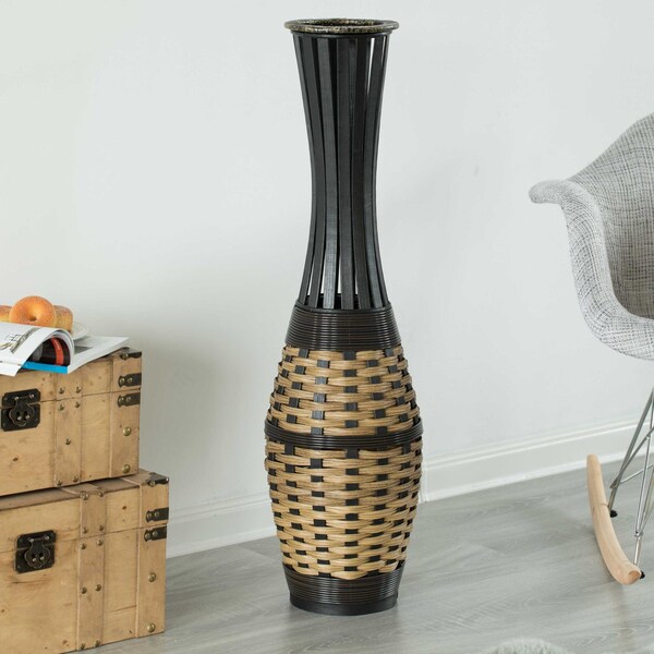 Uniquewise Elegant 34-inch-tall Trumpet Style Floor Vase - Bamboo Rope Accent, Brown Modern Statement Vase - QI004079
