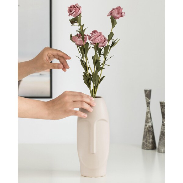 Fabulaxe 9.5 H Decorative Ceramic Abstract Face Modern Statue Sculpture Flower Centerpiece Vase, Bone White - QI004052.LGY