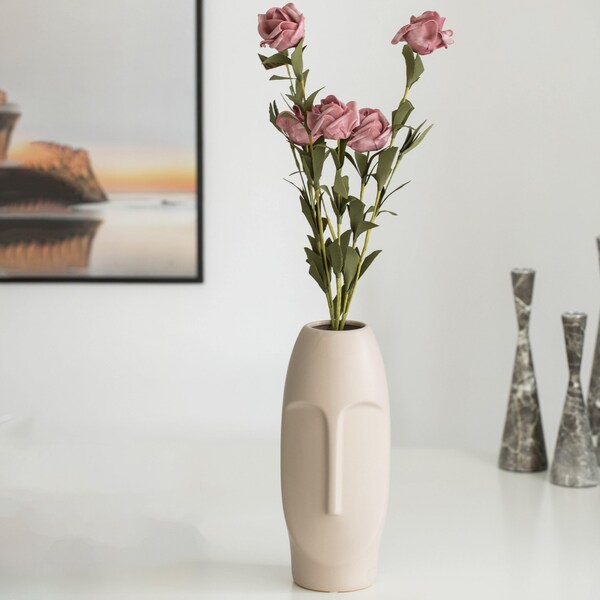 Fabulaxe 9.5 H Decorative Ceramic Abstract Face Modern Statue Sculpture Flower Centerpiece Vase, Bone White - QI004052.LGY