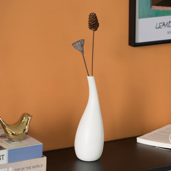 Uniquewise White Contemporary Unique Teardrop Shaped Ceramic Table Vase Flower Holder, 10 Inch - QI004367.M