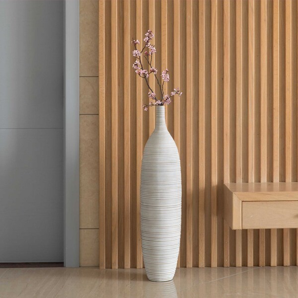 Uniquewise Modern Decorative Bottle Shape White Floor Vase Ribbed Design, 34 Inch - QI004177.M