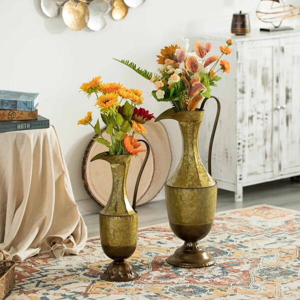 Uniquewise Antique Style 1 Handle Metal Jug Floor Vase for Entryway, Living Room or Dining Room, Large - QI004441.L