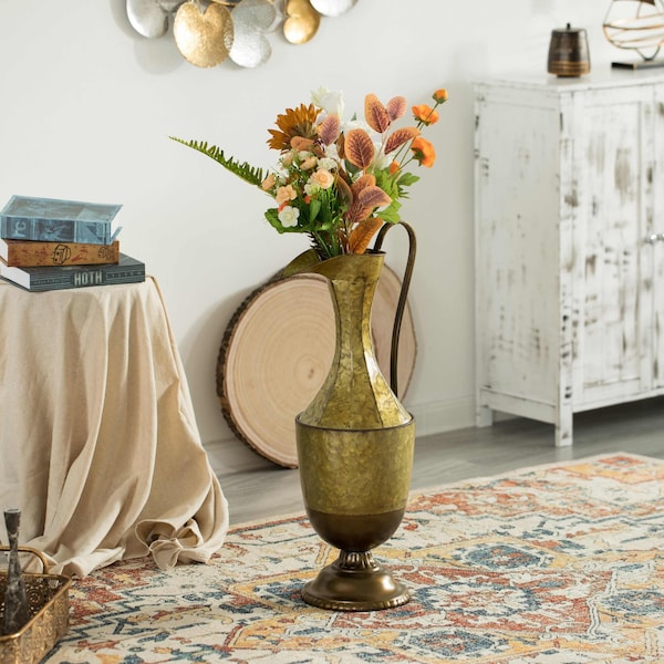Uniquewise Antique Style 1 Handle Metal Jug Floor Vase for Entryway, Living Room or Dining Room, Large - QI004441.L
