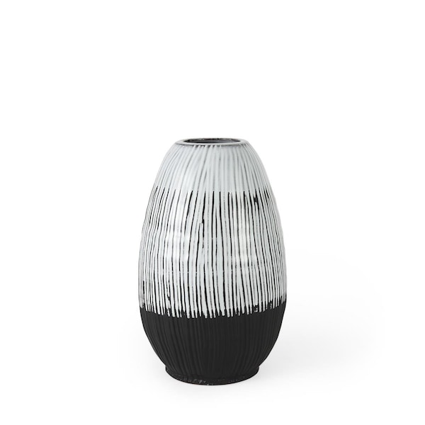 Homeroots 13 in. Patterned Lines Ceramic Vase; Black White & Grey - 397508