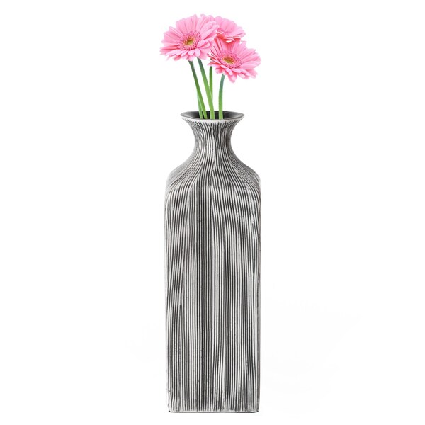 Uniquewise Contemporary Decorative Square Table Flower Vase with Gray Striped Design, 8 Inch - QI004176.S