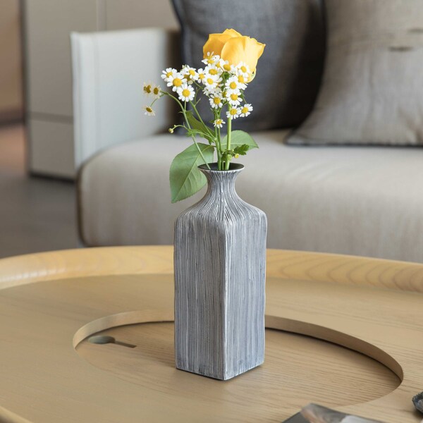 Uniquewise Contemporary Decorative Square Table Flower Vase with Gray Striped Design, 8 Inch - QI004176.S