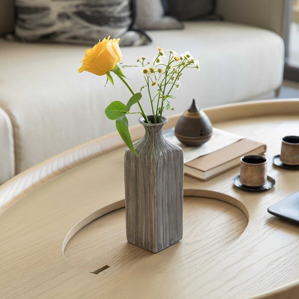 Uniquewise Contemporary Decorative Square Table Flower Vase with Gray Striped Design, 8 Inch - QI004176.S