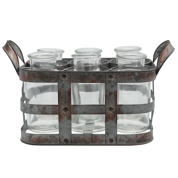 H2H Metal Bud Vase Holder with Side Handles & 6 Clear Round Bottles, Tarnished Gray - H22503179