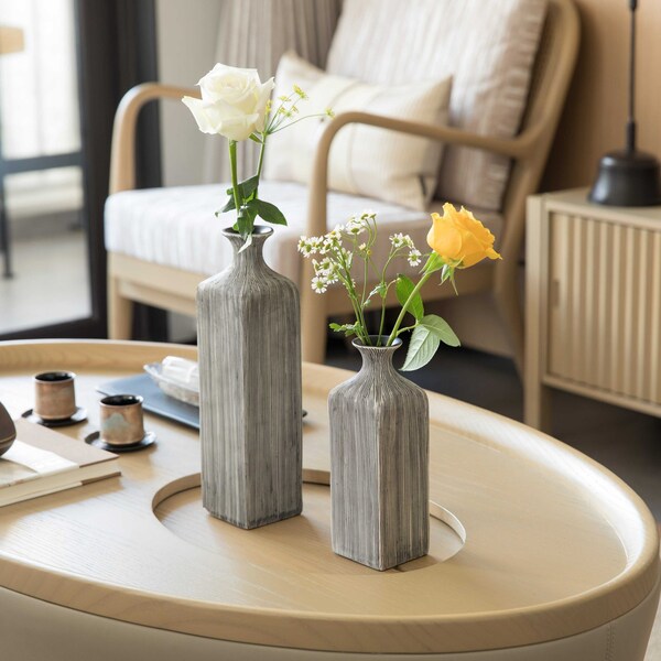 Uniquewise Contemporary Decorative Square Table Flower Vase with Gray Striped Design, PK 2 - QI004176.2