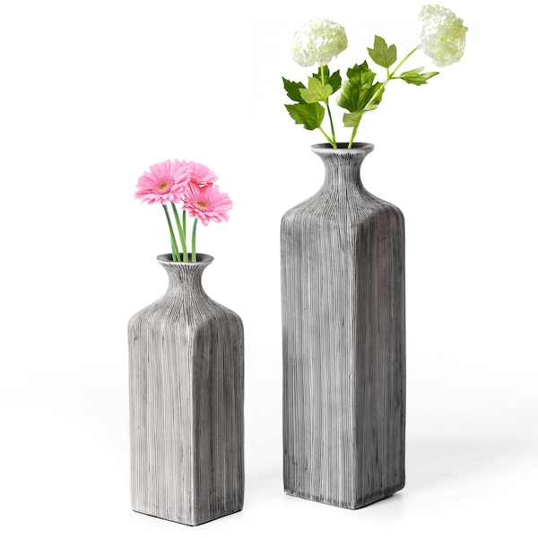 Uniquewise Contemporary Decorative Square Table Flower Vase with Gray Striped Design, PK 2 - QI004176.2