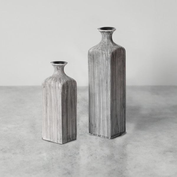Uniquewise Contemporary Decorative Square Table Flower Vase with Gray Striped Design, PK 2 - QI004176.2