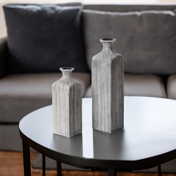 Uniquewise Contemporary Decorative Square Table Flower Vase with Gray Striped Design, PK 2 - QI004176.2