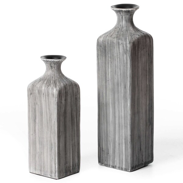 Uniquewise Contemporary Decorative Square Table Flower Vase with Gray Striped Design, PK 2 - QI004176.2