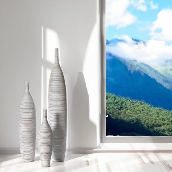 Uniquewise Modern Decorative Bottle Shape White Floor Vase Ribbed Design, PK 3 - QI004177.3