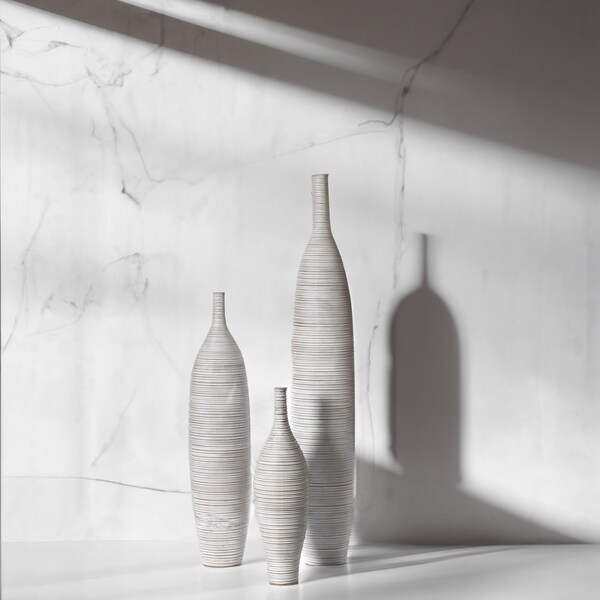 Uniquewise Modern Decorative Bottle Shape White Floor Vase Ribbed Design, PK 3 - QI004177.3
