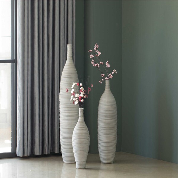 Uniquewise Modern Decorative Bottle Shape White Floor Vase Ribbed Design, PK 3 - QI004177.3